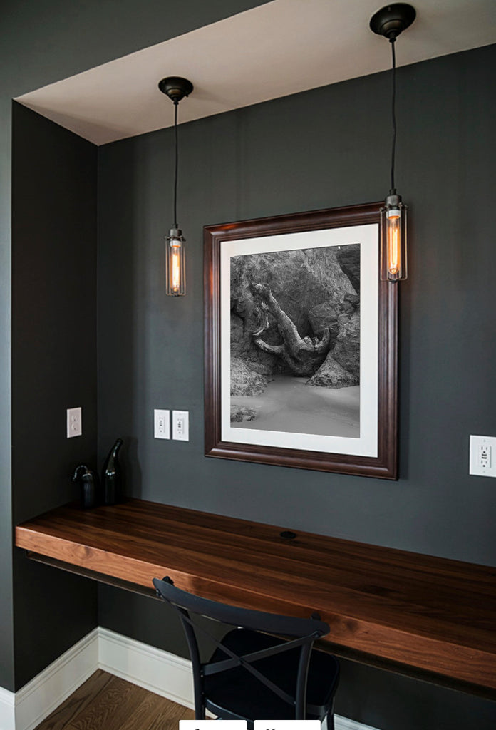 Contrasting rock and wood this black and white image adds a sculpture quality to any room